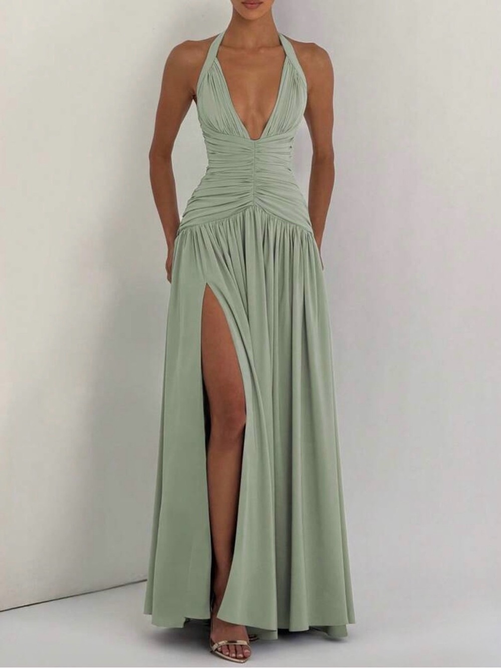 Babyboo Dupe - Sage Halter Ruched Maxi Dress with Thigh Slit - Small